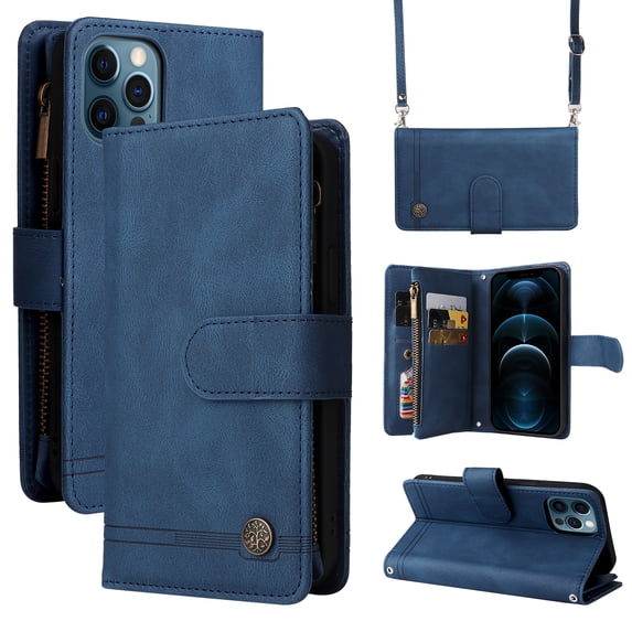 Feishell for Apple iPhone 12 Pro Max 6.7 inch Zipper Wallet Case with Wrist Strap & Shoulder Strap,Premium PU Leather Magnetic Clasp Flip Holder Card Slots Crossbody Phone Case for Women Men,Blue