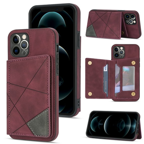 Feishell for Apple iPhone 12 Pro Max Back Flip Case with Credit Card Slots,Shockproof Durable PU Leather Magnetic Button Adjustable Kickstand Wallet Phone Case for Women Men,Winered