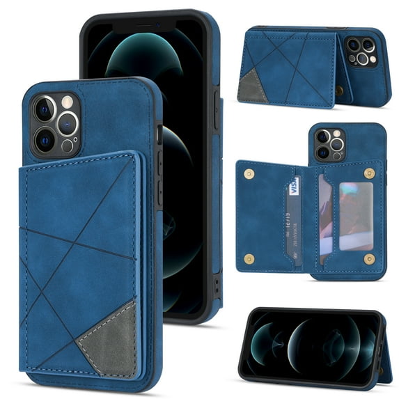 Feishell for Apple iPhone 12 Pro Max Back Flip Case with Credit Card Slots,Shockproof Durable PU Leather Magnetic Button Adjustable Kickstand Wallet Phone Case for Women Men,Blue
