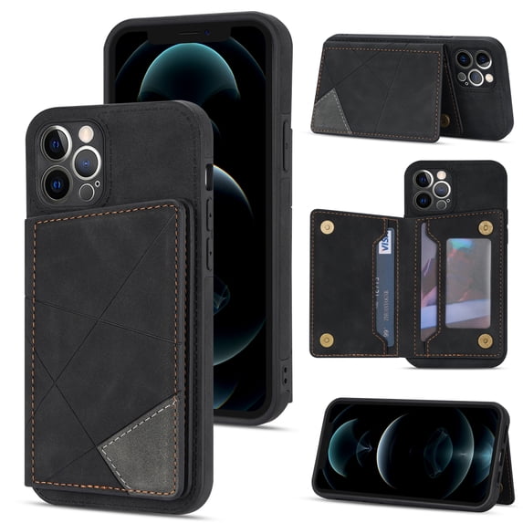 Feishell for Apple iPhone 12 Pro Max Back Flip Case with Credit Card Slots,Shockproof Durable PU Leather Magnetic Button Adjustable Kickstand Wallet Phone Case for Women Men,Black