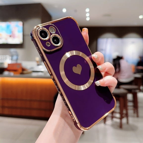 Feishell for Apple iPhone 13 (6.1 inch) Cute Love Heart Pattern Phone Case for Women Girls,Compatible with Magsafe Charging,Luxury Plating Edge Soft Silicone Shockproof Slim Phone Case,Darkpurple