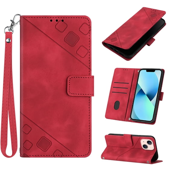 Feishell for Apple iPhone 13 6.1 inch Wallet Case with Wrist Strap,Flip Cover with Embossed Pattern PU Leather Kickstand Credit Card Slots Magnetic Clasp Folio Purse Phone Case,Red