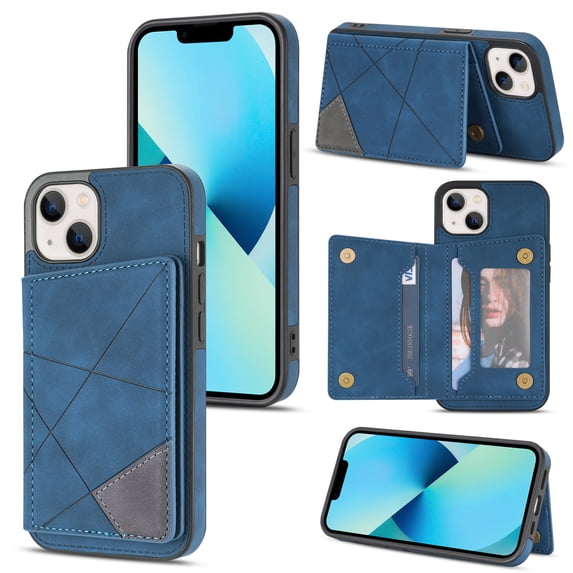 Feishell for Apple iPhone 13 Back Flip Case with Credit Card Slots,Shockproof Durable PU Leather Magnetic Button Adjustable Kickstand Wallet Phone Case for Women Men,Blue