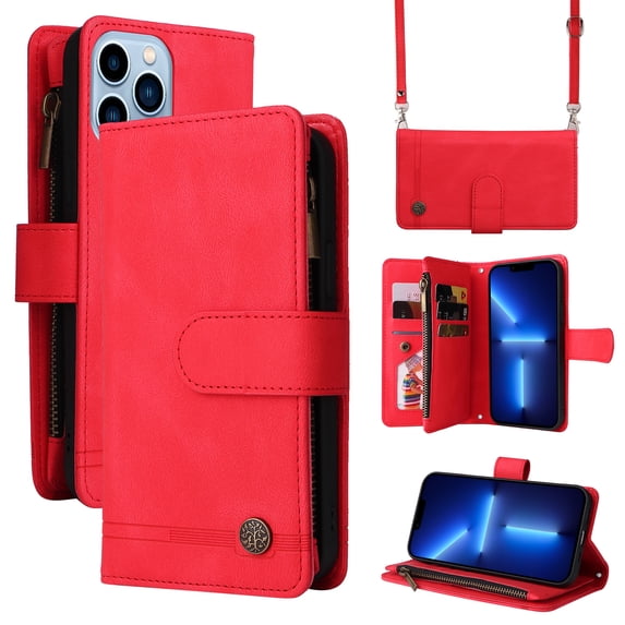 Feishell for Apple iPhone 13 Pro Max 6.7 inch Zipper Wallet Case with Wrist Strap & Shoulder Strap,Premium PU Leather Magnetic Clasp Flip Holder Card Slots Crossbody Phone Case for Women Men,Red