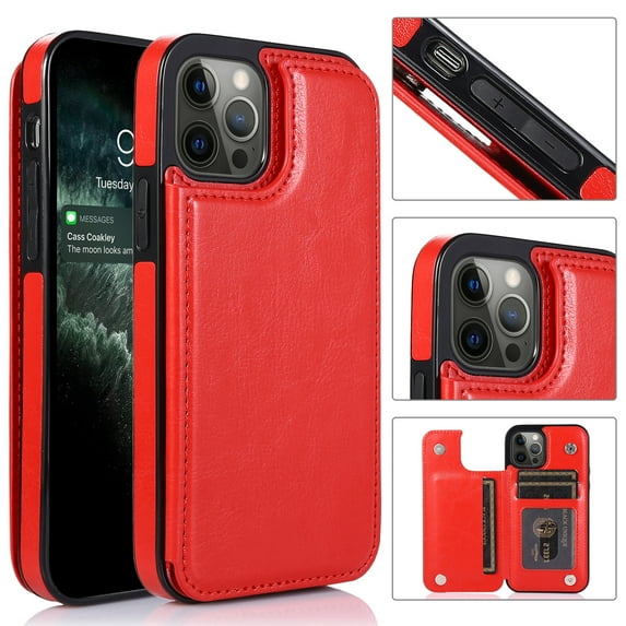 Feishell for Apple iPhone 13 Pro Max Wallet Case with Card Holder,Double Magnetic Clasp Back Flip Kickstand Durable PU Leather Shockproof Card Slots Protective Phone Case for Women Men,Red