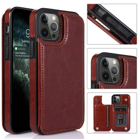 Feishell for Apple iPhone 13 Pro Max Wallet Case with Card Holder,Double Magnetic Clasp Back Flip Kickstand Durable PU Leather Shockproof Card Slots Protective Phone Case for Women Men,Brown