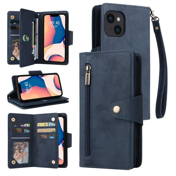 Feishell for Apple iPhone 13 Wallet Case with Wrist Strap,Premium PU Leather Zipper Pocket Magnetic Buckle Folio Flip ID Credit Card Slots Shockproof Kickstand Phone Case for Women Men,Blue