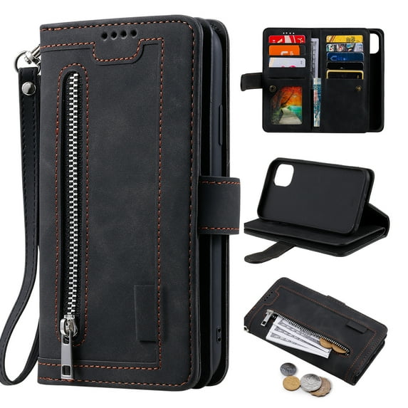 Feishell for Apple iPhone 13 Wallet Case with Wrist Strap,for Women Men,Luxury PU Leather Zipper Pocket Magnetic Clasp Folio Flip Holder ID Credit Card Slots Shockproof Phone Cover,Black