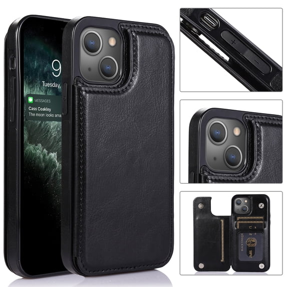 Feishell for Apple iPhone 13 mini Wallet Case with Card Holder,Double Magnetic Clasp Back Flip Kickstand Durable PU Leather Shockproof Card Slots Protective Phone Case for Women Men,Black