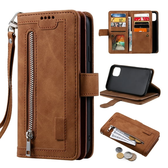 Feishell for Apple iPhone 13 mini Wallet Case with Wrist Strap,for Women Men,Luxury PU Leather Zipper Pocket Magnetic Clasp Folio Flip Holder ID Credit Card Slots Shockproof Phone Cover,Brown