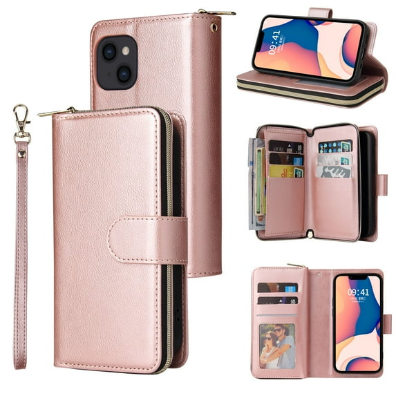 Feishell for Apple iPhone 14 (6.1 inch) Wallet Case for Women Men,Premium PU Leather Magnetic Clasp Zipper 9 Card Slots Folio Flip Holder Shockproof Purse Phone Case with Wrist Strap,Rosegold