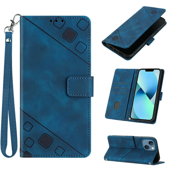 Feishell for Apple iPhone 14 6.1 inch Wallet Case with Wrist Strap,Flip Cover with Embossed Pattern PU Leather Kickstand Credit Card Slots Magnetic Clasp Folio Purse Phone Case,Blue
