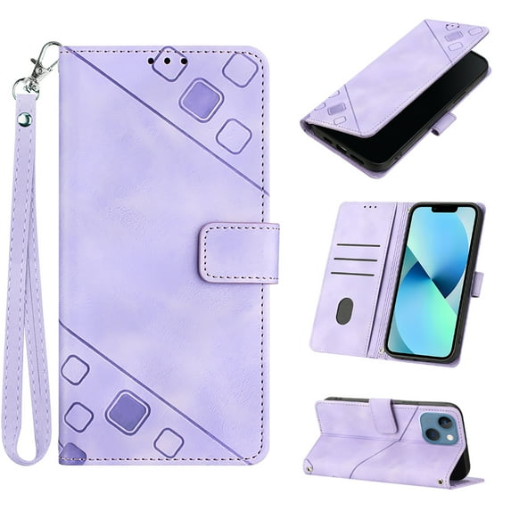 Feishell for Apple iPhone 14 6.1 inch Wallet Case with Wrist Strap,Flip Cover with Embossed Pattern PU Leather Kickstand Credit Card Slots Magnetic Clasp Folio Purse Phone Case,Purple