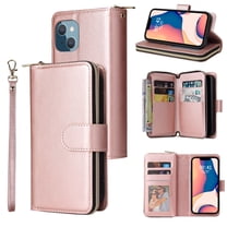 Feishell for Apple iPhone 14 Plus (6.7 inch) Wallet Case for Women Men,Premium PU Leather Magnetic Clasp Zipper 9 Card Slots Folio Flip Holder Shockproof Purse Phone Case with Wrist Strap,Rosegold