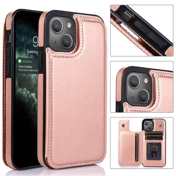 Feishell for Apple iPhone 14 Pro Wallet Case with Card Holder,Double Magnetic Clasp Back Flip Kickstand Durable PU Leather Shockproof Card Slots Protective Phone Case for Women Men,Rosegold