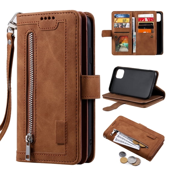 Feishell for Apple iPhone 14 Pro Wallet Case with Wrist Strap,for Women Men,Luxury PU Leather Zipper Pocket Magnetic Clasp Folio Flip Holder ID Credit Card Slots Shockproof Phone Cover,Brown