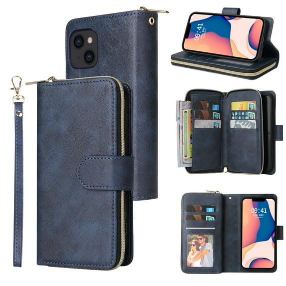Feishell for Apple iPhone 15 Plus (6.7 inch) Wallet Case for Women Men,Premium PU Leather Magnetic Clasp Zipper 9 Card Slots Folio Flip Holder Shockproof Purse Phone Case with Wrist Strap,Blue