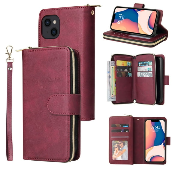 Feishell for Apple iPhone 15 Plus (6.7 inch) Wallet Case for Women Men,Premium PU Leather Magnetic Clasp Zipper 9 Card Slots Folio Flip Holder Shockproof Purse Phone Case with Wrist Strap,Winered