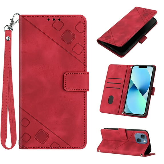 Feishell for Apple iPhone 15 Plus 6.7 inch Wallet Case with Wrist Strap,Flip Cover with Embossed Pattern PU Leather Kickstand Credit Card Slots Magnetic Clasp Folio Purse Phone Case,Red