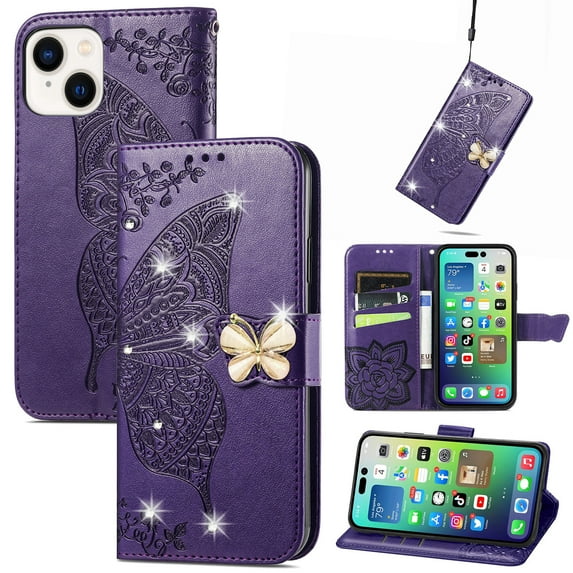 Feishell for Apple iPhone 15 Plus Wallet Case for Women Girls,Bling Diamond Butterfly Embossed PU Leather Magnetic Clasp Flip Kickstand ID Credit Card Slots Phone Case with Wrist Strap,Purple