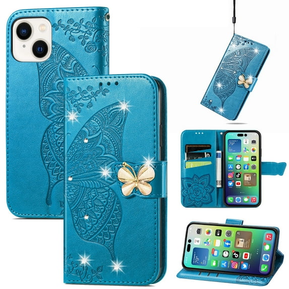 Feishell for Apple iPhone 15 Plus Wallet Case for Women Girls,Bling Diamond Butterfly Embossed PU Leather Magnetic Clasp Flip Kickstand ID Credit Card Slots Phone Case with Wrist Strap,Blue