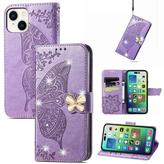 Feishell for Apple iPhone 15 Plus Wallet Case for Women Girls,Bling Diamond Butterfly Embossed PU Leather Magnetic Clasp Flip Kickstand ID Credit Card Slots Phone Case with Wrist Strap,Lightpurple