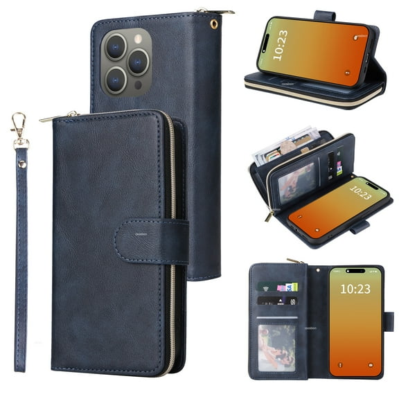 Feishell for Apple iPhone 15 Pro Max (6.7 inch) Wallet Case for Women Men,Premium PU Leather Magnetic Clasp Zipper 9 Card Slots Folio Flip Holder Shockproof Purse Phone Case with Wrist Strap,Blue