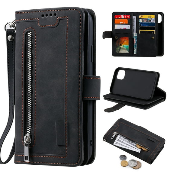 Feishell for Apple iPhone 15 Pro Max Wallet Case with Wrist Strap,for Women Men,Luxury PU Leather Zipper Pocket Magnetic Clasp Folio Flip Holder ID Credit Card Slots Shockproof Phone Cover,Black