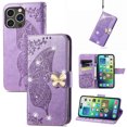 thumbnail image 1 of Feishell for Apple iPhone 15 Pro Wallet Case for Women Girls,Bling Diamond Butterfly Embossed PU Leather Magnetic Clasp Flip Kickstand ID Credit Card Slots Phone Case with Wrist Strap,Lightpurple, 1 of 9