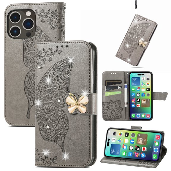 Feishell for Apple iPhone 15 Pro Wallet Case for Women Girls,Bling Diamond Butterfly Embossed PU Leather Magnetic Clasp Flip Kickstand ID Credit Card Slots Phone Case with Wrist Strap,Gray