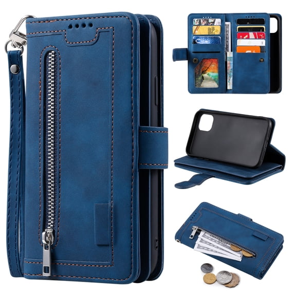 Feishell for Apple iPhone 15 Wallet Case with Wrist Strap,for Women Men,Luxury PU Leather Zipper Pocket Magnetic Clasp Folio Flip Holder ID Credit Card Slots Shockproof Phone Cover,Darkblue