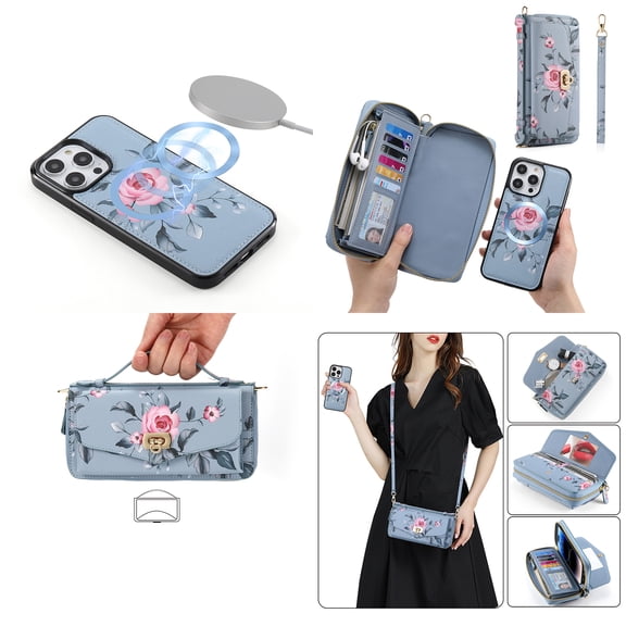 Feishell for Apple iPhone 16 Crossbody Wallet Detachable Case,for Women Girls,Flower Pattern PU Leather RFID Blocking Multi Card Slots Zipper Phone Case with Shoulder & Hand Strap, Gray