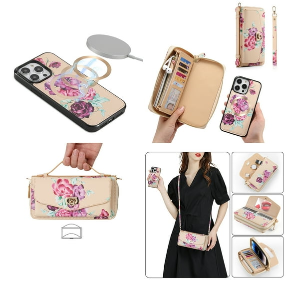 Feishell for Apple iPhone 16 Plus Crossbody Wallet Detachable Case,for Women Girls,Flower Pattern PU Leather RFID Blocking Multi Card Slots Zipper Phone Case with Shoulder & Hand Strap, Yellow