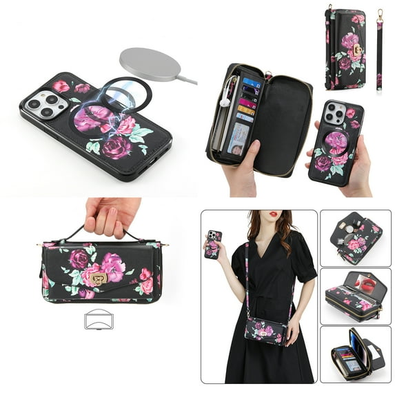 Feishell for Apple iPhone 16 Plus Crossbody Wallet Detachable Case,for Women Girls,Flower Pattern PU Leather RFID Blocking Multi Card Slots Zipper Phone Case with Shoulder & Hand Strap, Black