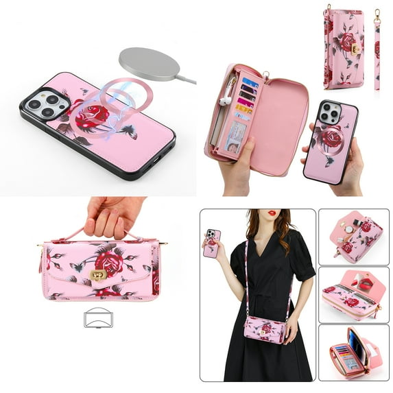 Feishell for Apple iPhone 16 Plus Crossbody Wallet Detachable Case,for Women Girls,Flower Pattern PU Leather RFID Blocking Multi Card Slots Zipper Phone Case with Shoulder & Hand Strap, Pink