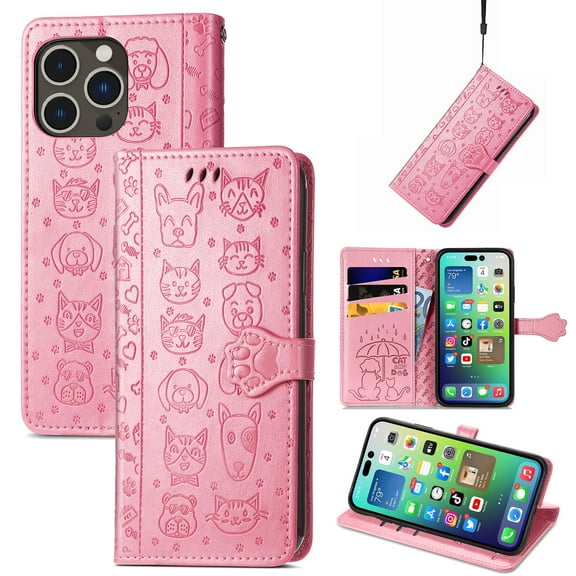 Feishell for Apple iPhone 16 Pro Cartoon Cute Wallet Case, Cat Dog Style Flip with ID Card Holder Premium PU Leather Cases with Wrist Strap, Magnetic Closure Folio Kickstand Phone Cover, Pink