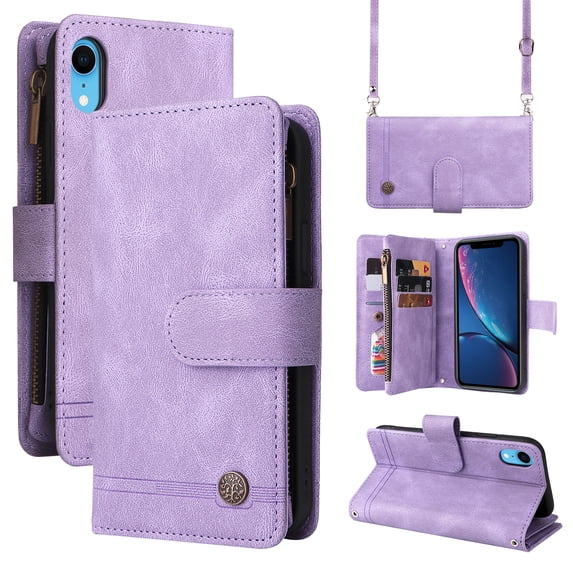 Feishell for Apple iPhone XR 6.1 inch Zipper Wallet Case with Wrist Strap & Shoulder Strap,Premium PU Leather Magnetic Clasp Flip Holder Card Slots Crossbody Phone Case for Women Men,Purple