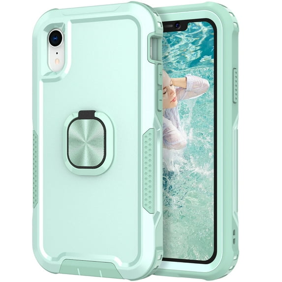 Feishell Back Case Fit for iPhone XR 6.1 inch,Shock Resistant Hybrid 3-In-1 Rotatable Finger Ring Kickstand Support Magnetic Car Mount Anti-Scratch Protective Phone Cover,Green