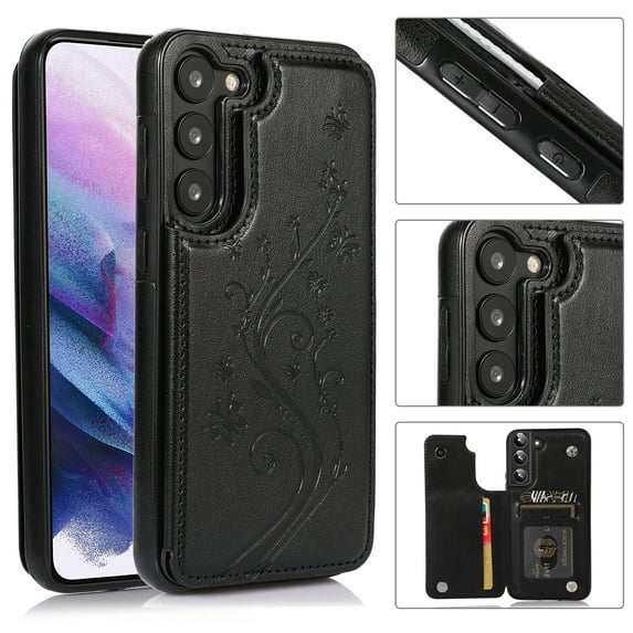 Feishell Back Case for Samsung Galaxy A16 5G,Embossed Pattern PU Leather Wallet Phone Case with ID Credit Card Slots Shockproof Magnetic Buckle Back Flip Holder Protective Cover,Black