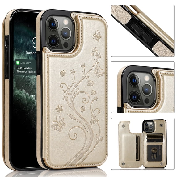 Feishell Back Case for iPhone 14,Embossed Pattern PU Leather Wallet Phone Case with ID Credit Card Slots Shockproof Magnetic Buckle Back Flip Holder Protective Cover,Gold