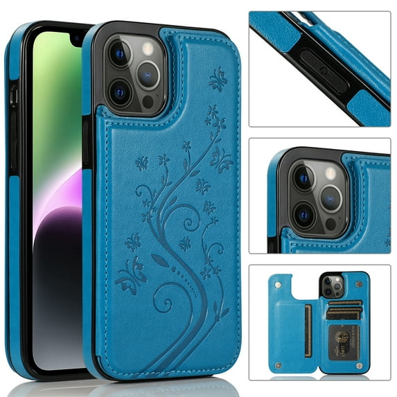 Feishell Back Case for iPhone 15 Plus,Embossed Pattern PU Leather Wallet Phone Case with ID Credit Card Slots Shockproof Magnetic Buckle Back Flip Holder Protective Cover,Blue