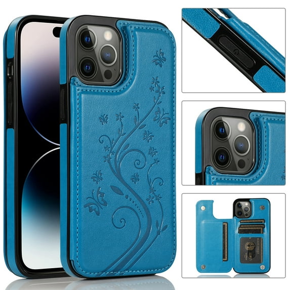 Feishell Back Case for iPhone 16,Embossed Pattern PU Leather Wallet Phone Case with ID Credit Card Slots Shockproof Magnetic Buckle Back Flip Holder Protective Cover,Blue