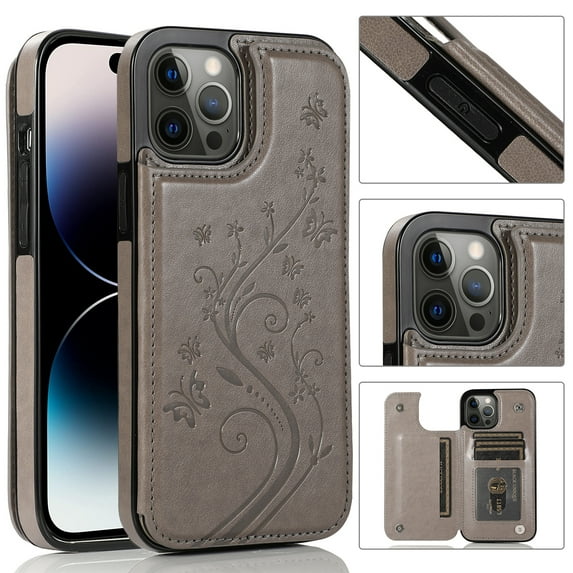 Feishell Back Case for iPhone 16,Embossed Pattern PU Leather Wallet Phone Case with ID Credit Card Slots Shockproof Magnetic Buckle Back Flip Holder Protective Cover,Gray