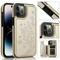 Feishell Back Case for iPhone 16,Embossed Pattern PU Leather Wallet Phone Case with ID Credit Card Slots Shockproof Magnetic Buckle Back Flip Holder Protective Cover,Gold