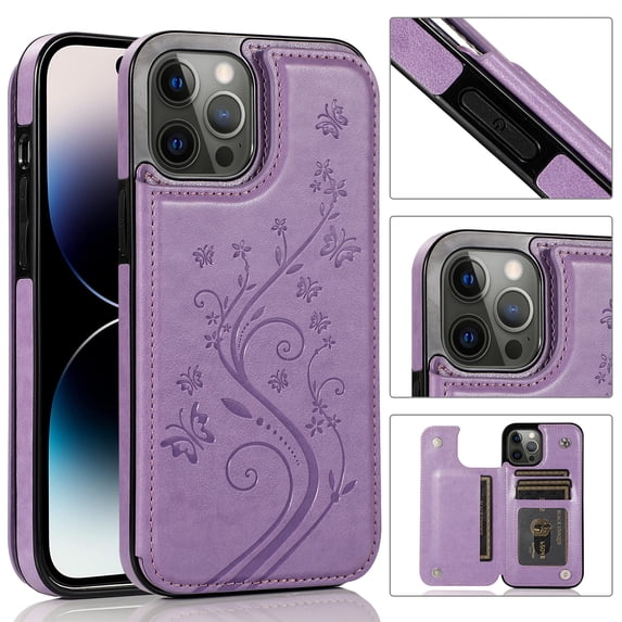 Feishell Back Case for iPhone 16,Embossed Pattern PU Leather Wallet Phone Case with ID Credit Card Slots Shockproof Magnetic Buckle Back Flip Holder Protective Cover,Purple