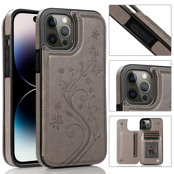 Feishell Back Case for iPhone 16 Plus,Embossed Pattern PU Leather Wallet Phone Case with ID Credit Card Slots Shockproof Magnetic Buckle Back Flip Holder Protective Cover,Gray