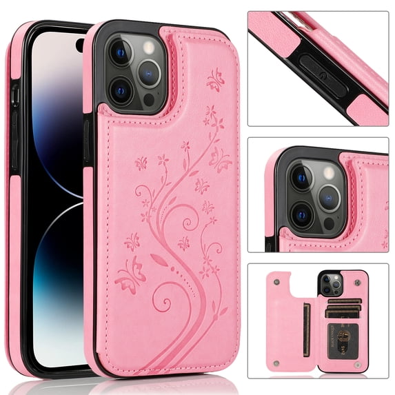 Feishell Back Case for iPhone 16 Plus,Embossed Pattern PU Leather Wallet Phone Case with ID Credit Card Slots Shockproof Magnetic Buckle Back Flip Holder Protective Cover,Pink