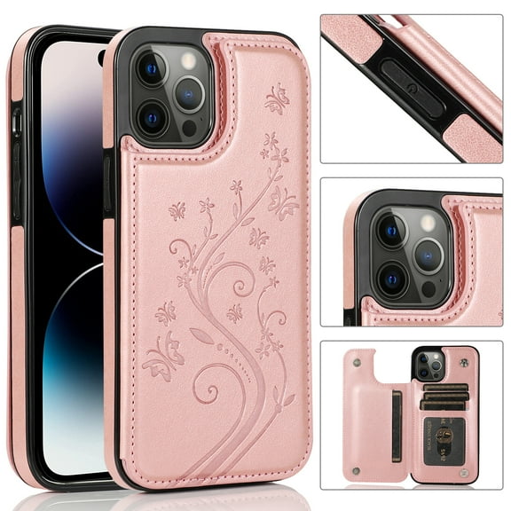 Feishell Back Case for iPhone 16 Pro,Embossed Pattern PU Leather Wallet Phone Case with ID Credit Card Slots Shockproof Magnetic Buckle Back Flip Holder Protective Cover,Rosegold