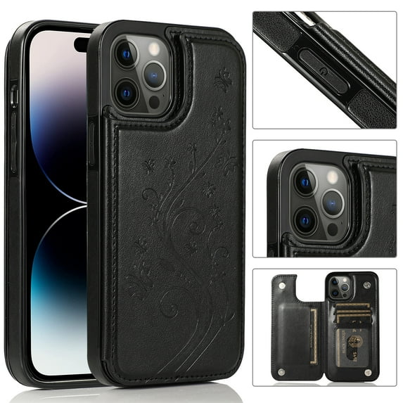 Feishell Back Case for iPhone 16 Pro Max,Embossed Pattern PU Leather Wallet Phone Case with ID Credit Card Slots Shockproof Magnetic Buckle Back Flip Holder Protective Cover,Black