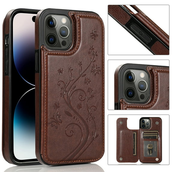 Feishell Back Case for iPhone 16 Pro Max,Embossed Pattern PU Leather Wallet Phone Case with ID Credit Card Slots Shockproof Magnetic Buckle Back Flip Holder Protective Cover,Brown